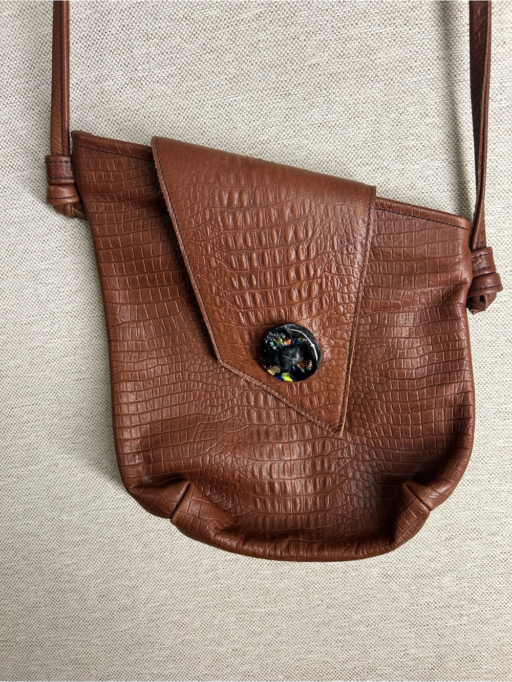 Brown Textured Crossbody Bag with Decorative Button